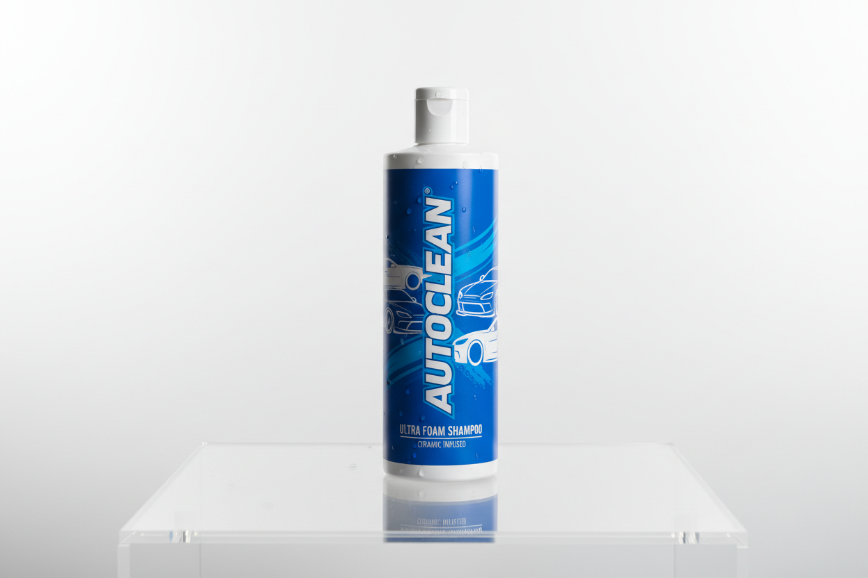 A high-quality professional product photo of a car wash shampoo bottle,
placed on a clean glossy surface, modern packaging, automotive branding,
soft studio lighting, realistic shadows, white and blue color theme,
ultra sharp focus, ecommerce style, plain background
