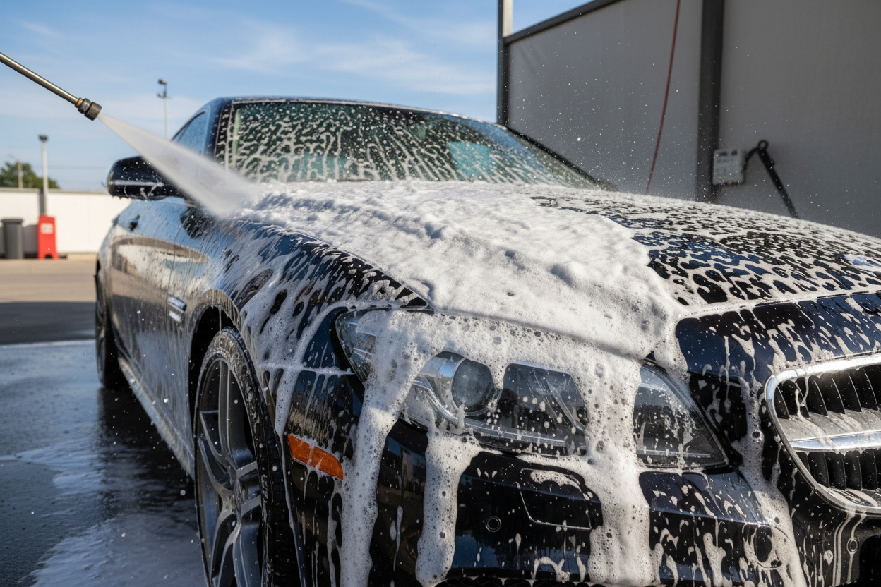 Car wash shampoo creating thick white foam on a car body,
close-up view of soap bubbles on shiny car paint,
outdoor car wash scene, realistic water splashes,
high detail, commercial photography, 4k quality
