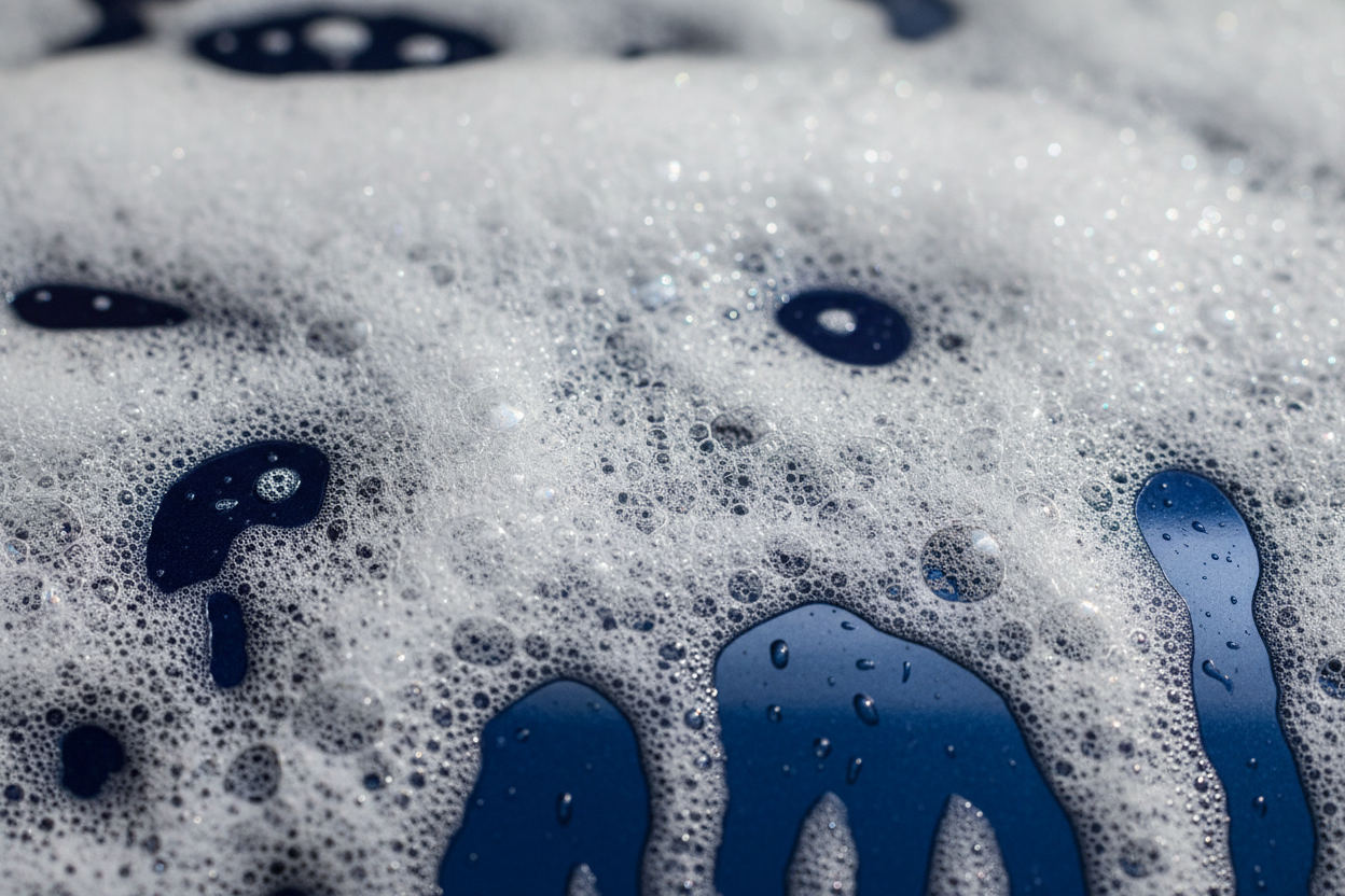 Extreme close-up of car washing foam texture,
rich thick bubbles covering car surface,
macro photography, ultra realistic, high clarity,
automotive cleaning concept, professional lighting

