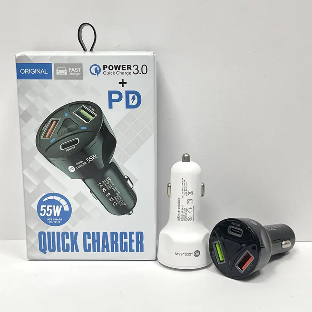55W PD + QC 3.0 Fast Car Charger – Dual USB + Type-C Power Delivery Quick Charger