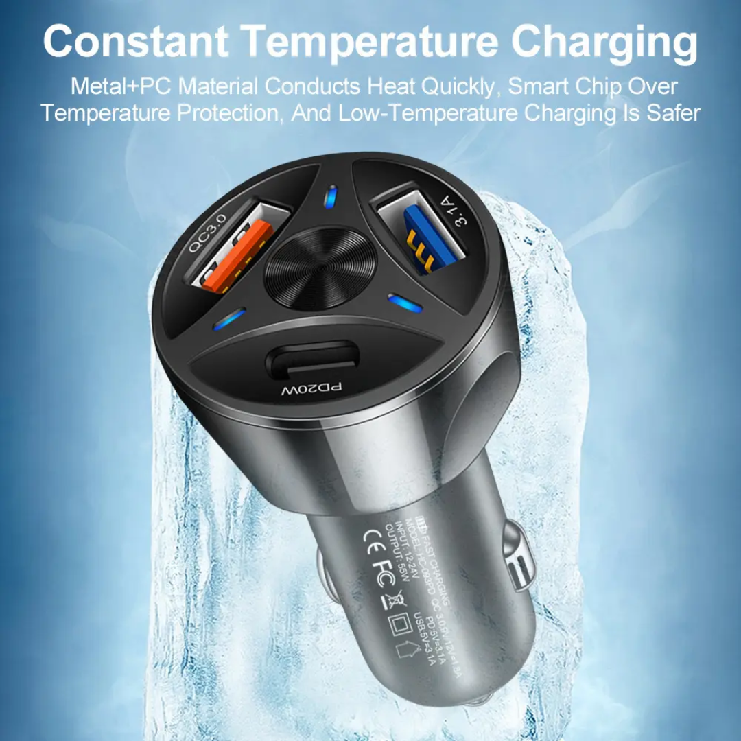 55W PD + QC 3.0 Fast Car Charger – Dual USB + Type-C Power Delivery Quick Charger