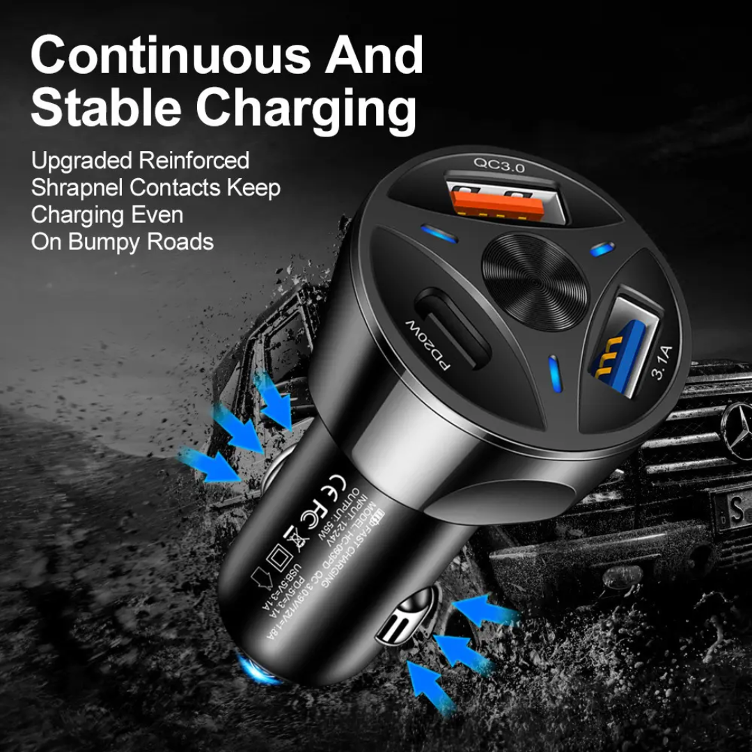 55W PD + QC 3.0 Fast Car Charger – Dual USB + Type-C Power Delivery Quick Charger
